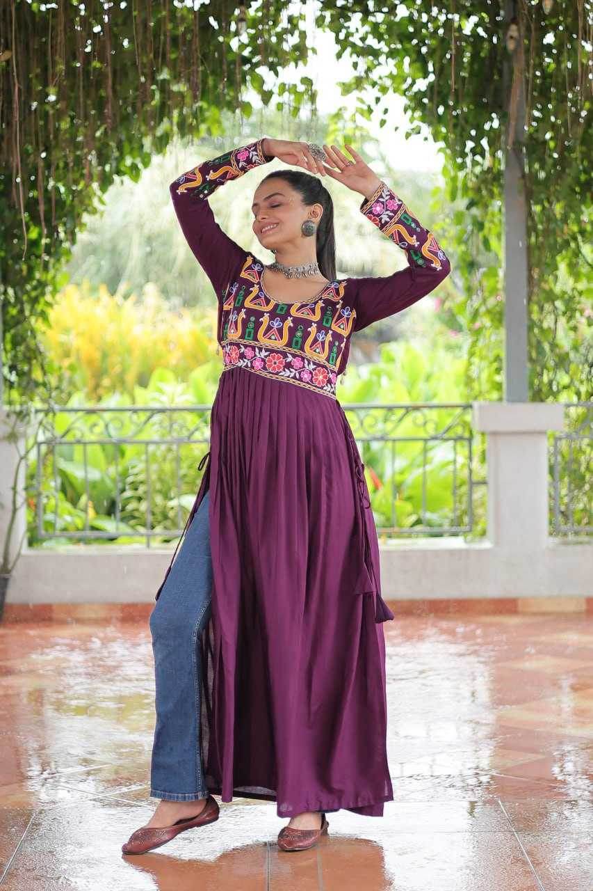 Reyon Cotton Long Embroidered Navratri Kurti - MYLUXURY LANE ENTERPRISE
